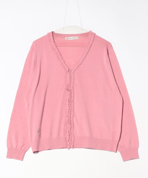 SUPER HAKKA（スーパーハッカ）の「フラワーワンポイント刺繍コットンアクリルフリルタックニットカーディガン（カーディガン/ボレロ・レディース・ベージュ/チャコール/ピンク・FREE）」の2枚目の写真