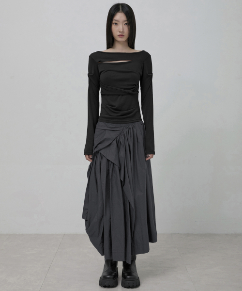 FLAREUP（フレアアップ）の「Asymmetrical Draped Layered Long Skirt