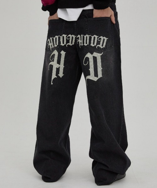 HOODHOOD（フッドフッド）の「【日本未発売/WEB限定】HOODHOOD(フッドフッド)/ユニセックス チェーン エンブロイダリー ワイド デニム パンツ/HD Chain Embroidery Denim Pants（デニムパンツ・レディース・グリーン系カモフラージュ/ブラック・L/M）」の2枚目の写真