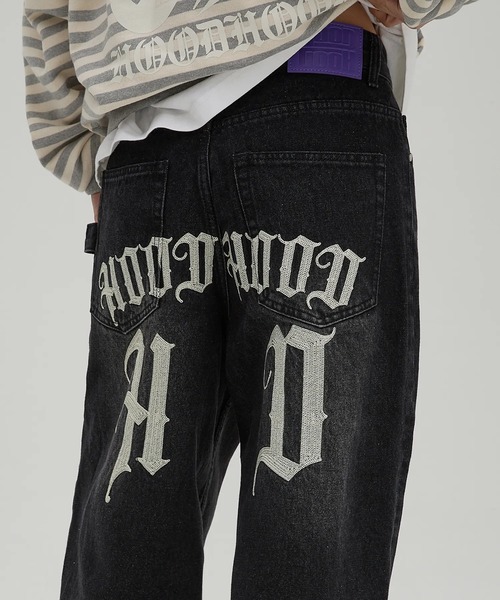 HOODHOOD（フッドフッド）の「【日本未発売/WEB限定】HOODHOOD(フッドフッド)/ユニセックス チェーン エンブロイダリー ワイド デニム パンツ/HD Chain Embroidery Denim Pants（デニムパンツ・レディース・グリーン系カモフラージュ/ブラック・L/M）」の3枚目の写真