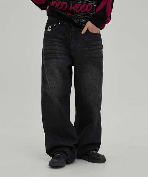 HOODHOOD（フッドフッド）の「【日本未発売/WEB限定】HOODHOOD(フッドフッド)/ユニセックス チェーン エンブロイダリー ワイド デニム パンツ/HD Chain Embroidery Denim Pants（デニムパンツ・レディース・グリーン系カモフラージュ/ブラック・L/M）」の6枚目の写真