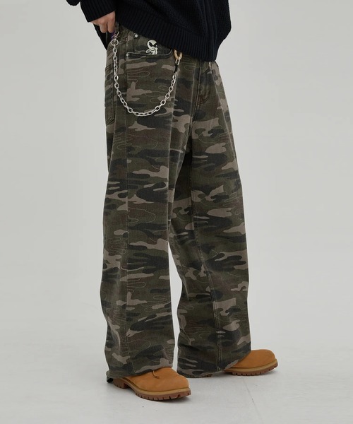 HOODHOOD（フッドフッド）の「【日本未発売/WEB限定】HOODHOOD(フッドフッド)/ユニセックス チェーン エンブロイダリー ワイド デニム パンツ/HD Chain Embroidery Denim Pants（デニムパンツ・レディース・グリーン系カモフラージュ/ブラック・L/M）」の21枚目の写真