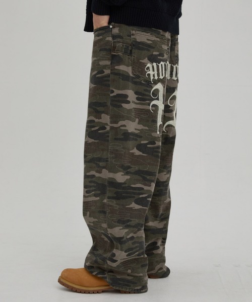 HOODHOOD（フッドフッド）の「【日本未発売/WEB限定】HOODHOOD(フッドフッド)/ユニセックス チェーン エンブロイダリー ワイド デニム パンツ/HD Chain Embroidery Denim Pants（デニムパンツ・レディース・グリーン系カモフラージュ/ブラック・L/M）」の17枚目の写真