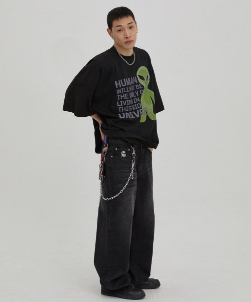 HOODHOOD（フッドフッド）の「【日本未発売/WEB限定】HOODHOOD(フッドフッド)/ユニセックス チェーン エンブロイダリー ワイド デニム パンツ/HD Chain Embroidery Denim Pants（デニムパンツ・レディース・グリーン系カモフラージュ/ブラック・L/M）」の12枚目の写真