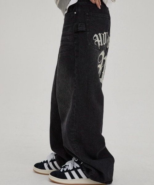 HOODHOOD（フッドフッド）の「【日本未発売/WEB限定】HOODHOOD(フッドフッド)/ユニセックス チェーン エンブロイダリー ワイド デニム パンツ/HD Chain Embroidery Denim Pants（デニムパンツ・レディース・グリーン系カモフラージュ/ブラック・L/M）」の5枚目の写真