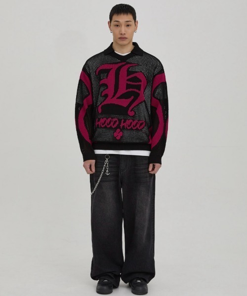 HOODHOOD（フッドフッド）の「【日本未発売/WEB限定】HOODHOOD(フッドフッド)/ユニセックス チェーン エンブロイダリー ワイド デニム パンツ/HD Chain Embroidery Denim Pants（デニムパンツ・レディース・グリーン系カモフラージュ/ブラック・L/M）」の10枚目の写真