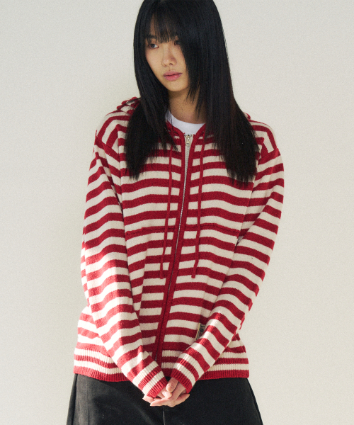 SLOWACID（スローアシッド）の「ストライプニットフードジップアップ[レッド]（パーカー・レディース・その他・MEDIUM/SMALL/LARGE）」の2枚目の写真