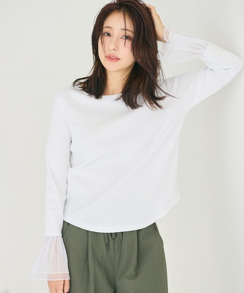 coca(coca)(コカ)の「袖チュール切り替えトップス(Tシャツ/カットソー・レディース・ブラック/ホワイト・L/S/M)」の2枚目の写真