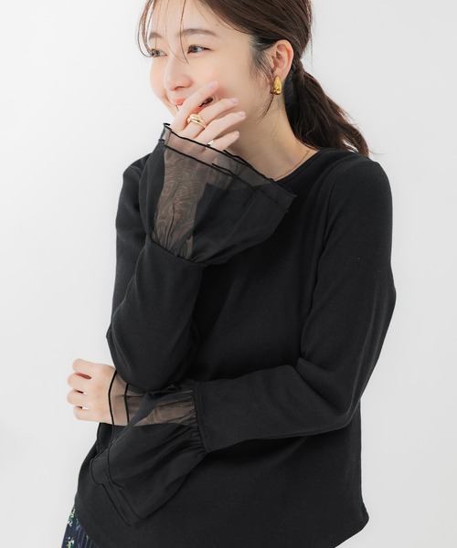 coca(coca)(コカ)の「袖チュール切り替えトップス(Tシャツ/カットソー・レディース・ブラック/ホワイト・L/S/M)」の7枚目の写真