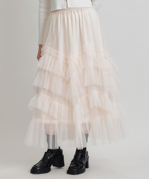 REDYAZEL（レディアゼル）の「ギャザーチュールティアードロングスカート（スカート・レディース・オフホワイト/ブラック/ブラウン/ピンク/ライトグレー・FREE）」の5枚目の写真