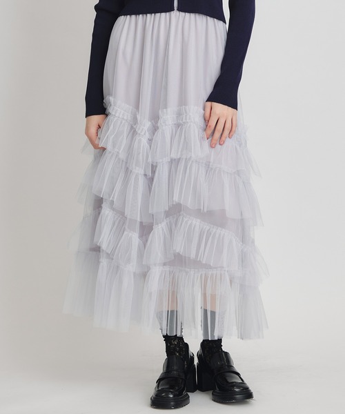 REDYAZEL（レディアゼル）の「ギャザーチュールティアードロングスカート（スカート・レディース・オフホワイト/ブラック/ブラウン/ピンク/ライトグレー・FREE）」の3枚目の写真