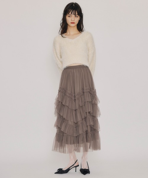 REDYAZEL(レディアゼル)の「ギャザーチュールティアードロングスカート(スカート・レディース・オフホワイト/ブラウン/ブラック・FREE)」の8枚目の写真