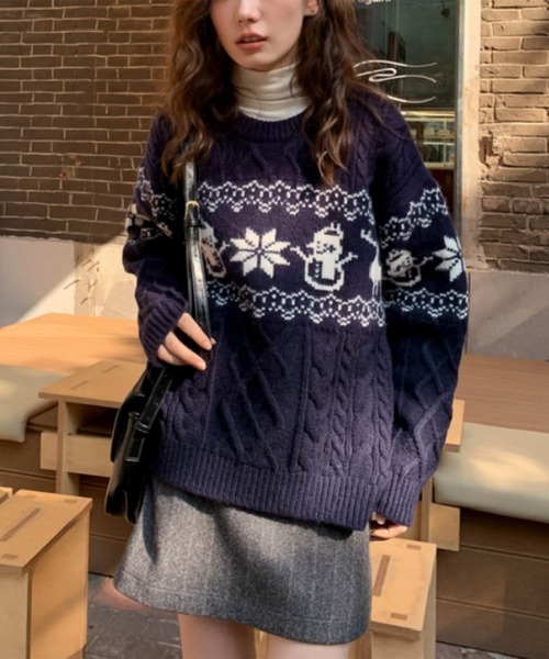 blackdia ocean(ブラックダイヤオーシャン)の「blackdia ocean ノルディック ケーブルニット(ニット/セーター・レディース・ネイビー/オフホワイト/レッド・FREE)」の1枚目の写真