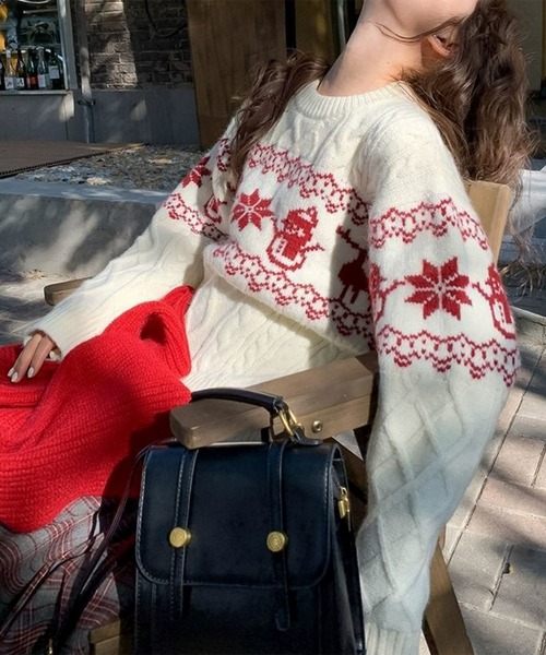 blackdia ocean(ブラックダイヤオーシャン)の「blackdia ocean ノルディック ケーブルニット(ニット/セーター・レディース・ネイビー/オフホワイト/レッド・FREE)」の2枚目の写真
