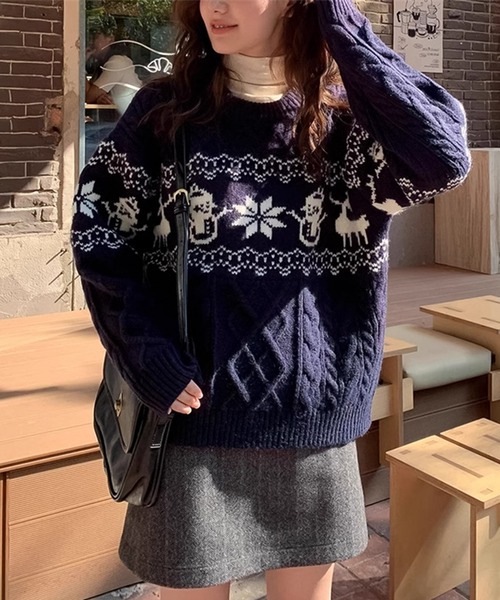 blackdia ocean(ブラックダイヤオーシャン)の「blackdia ocean ノルディック ケーブルニット(ニット/セーター・レディース・ネイビー/オフホワイト/レッド・FREE)」の13枚目の写真