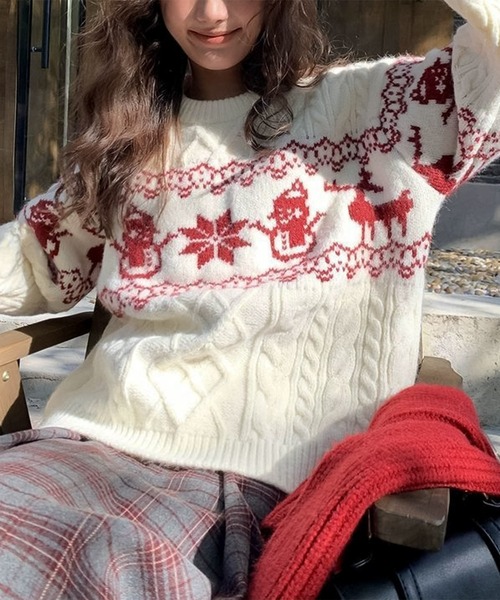 blackdia ocean(ブラックダイヤオーシャン)の「blackdia ocean ノルディック ケーブルニット(ニット/セーター・レディース・ネイビー/オフホワイト/レッド・FREE)」の16枚目の写真
