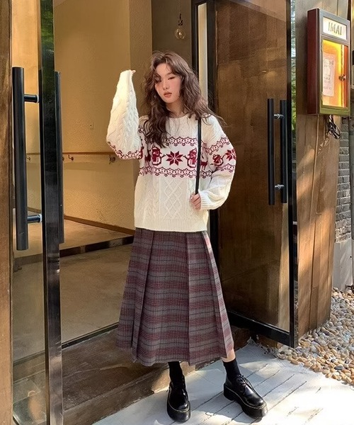 blackdia ocean(ブラックダイヤオーシャン)の「blackdia ocean ノルディック ケーブルニット(ニット/セーター・レディース・ネイビー/オフホワイト/レッド・FREE)」の5枚目の写真