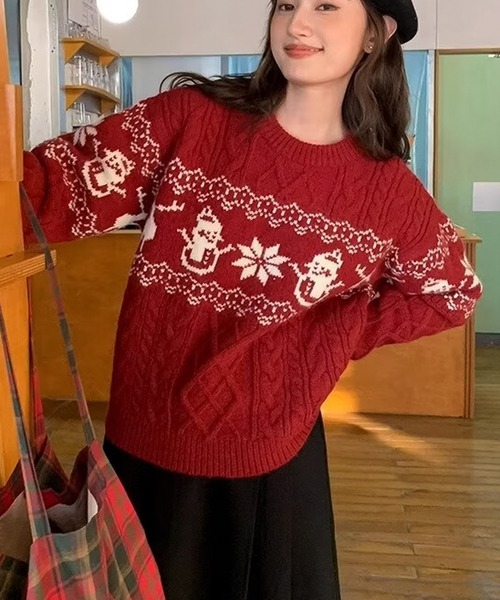 blackdia ocean(ブラックダイヤオーシャン)の「blackdia ocean ノルディック ケーブルニット(ニット/セーター・レディース・ネイビー/オフホワイト/レッド・FREE)」の14枚目の写真