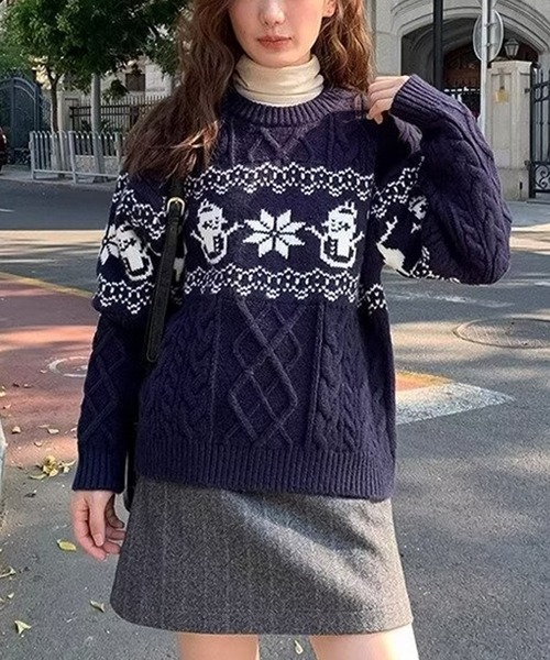 blackdia ocean(ブラックダイヤオーシャン)の「blackdia ocean ノルディック ケーブルニット(ニット/セーター・レディース・ネイビー/オフホワイト/レッド・FREE)」の4枚目の写真