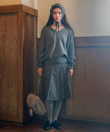 RIBBON TIE PLEATED MIDI SKIRT GREY