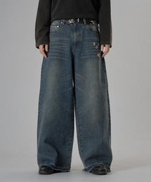 ONCILY（オンシェリー）の「【セットアップ可能】DOT LEATHER PATCH WIDE STRAIGHT DENIM PANTS / ドットレザーパッチワイドストレートデニムパンツ（デニムパンツ）」