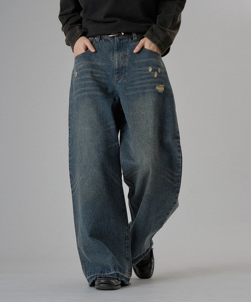 ONCILY（オンシェリー）の「【セットアップ可能】DOT LEATHER PATCH WIDE STRAIGHT DENIM PANTS / ドットレザーパッチワイドストレートデニムパンツ（デニムパンツ・メンズ・インディゴブルー/ブラック・SMALL/MEDIUM/LARGE）」の18枚目の写真