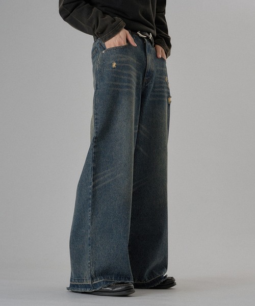 ONCILY（オンシェリー）の「【セットアップ可能】DOT LEATHER PATCH WIDE STRAIGHT DENIM PANTS / ドットレザーパッチワイドストレートデニムパンツ（デニムパンツ・メンズ・インディゴブルー/ブラック・SMALL/MEDIUM/LARGE）」の20枚目の写真