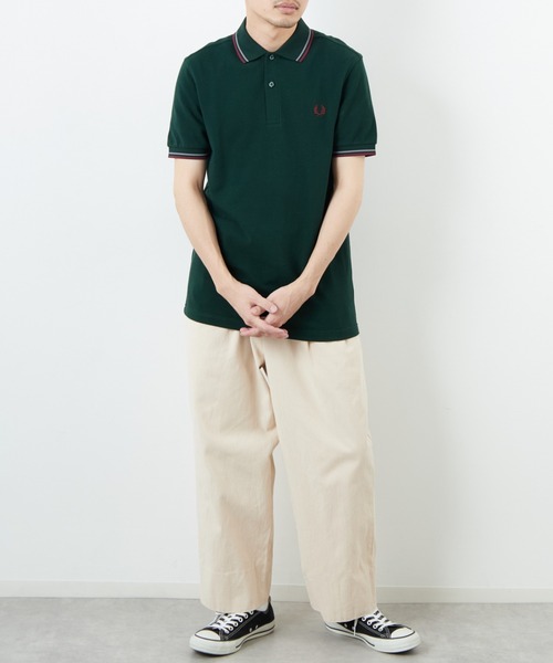 FRED PERRYツインティップラインロゴ刺繍ポロシャツ ブルーグリーン FRED PERRY/フレッドペリー] ツインティップライン ワンポイントロゴ