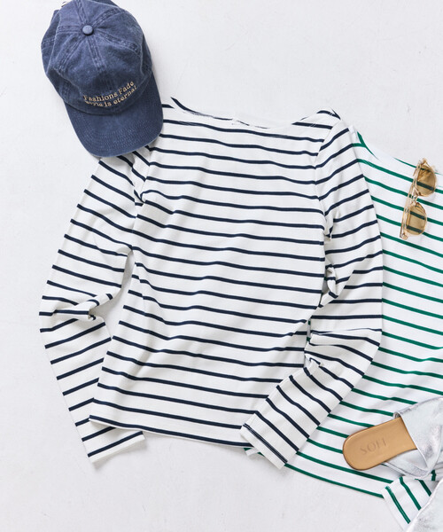 FREAK'S STORE（フリークスストア）の「コットンモダール ボートネック ボーダーロンT（Tシャツ/カットソー・レディース・ベージュ/ネイビー/レッド/グリーン/ブルー/グレー/ブラック・SMALL/MEDIUM）」の6枚目の写真