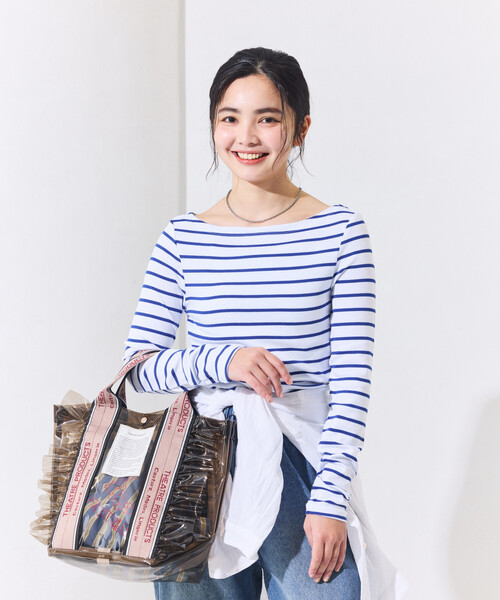 FREAK'S STORE（フリークスストア）の「コットンモダール ボートネック ボーダーロンT（Tシャツ/カットソー・レディース・ベージュ/ネイビー/レッド/グリーン/ブルー/グレー/ブラック・SMALL/MEDIUM）」の7枚目の写真