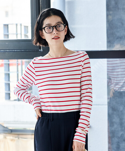 FREAK'S STORE（フリークスストア）の「コットンモダール ボートネック ボーダーロンT（Tシャツ/カットソー・レディース・ベージュ/ネイビー/レッド/グリーン/ブルー/グレー/ブラック・SMALL/MEDIUM）」の12枚目の写真