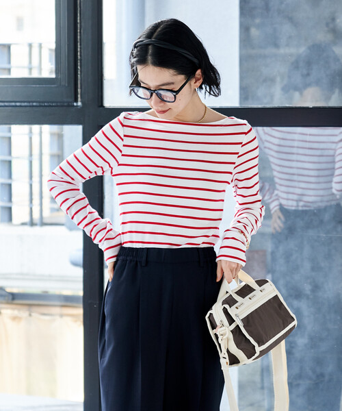 FREAK'S STORE（フリークスストア）の「コットンモダール ボートネック ボーダーロンT（Tシャツ/カットソー・レディース・ベージュ/ネイビー/レッド/グリーン/ブルー/グレー/ブラック・SMALL/MEDIUM）」の13枚目の写真