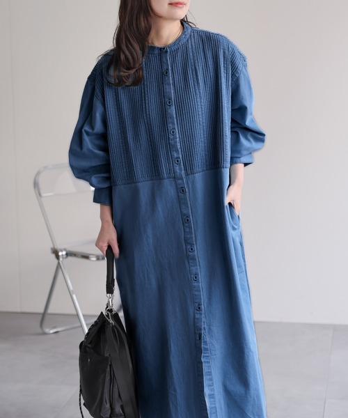 ap retro（アプレトロ）の「【India Fabric】ピンタックデニムシャツワンピース / 大人カジュアルロング（シャツワンピース・レディース・ブルー/ライトブルー/ダークブルー・FREE）」の6枚目の写真