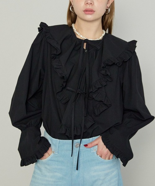 enhaut(アンオート)の「衿取り外し可能 コットン フリル ブラウス(Tシャツ/カットソー・レディース・ブラック/ホワイト/ストライプ・FREE)」の2枚目の写真