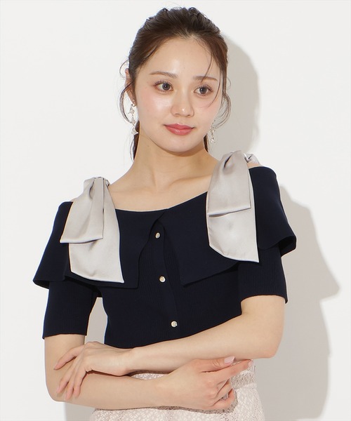 WILLSELECTION(ウィルセレクション)の「リボンオフショルハーフスリーブニット(ニット/セーター・レディース・オフホワイト/ピンク/ミント/ネイビー/ブラック・FREE)」の4枚目の写真