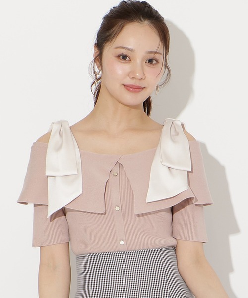 WILLSELECTION(ウィルセレクション)の「リボンオフショルハーフスリーブニット(ニット/セーター・レディース・オフホワイト/ピンク/ミント/ネイビー/ブラック・FREE)」の5枚目の写真