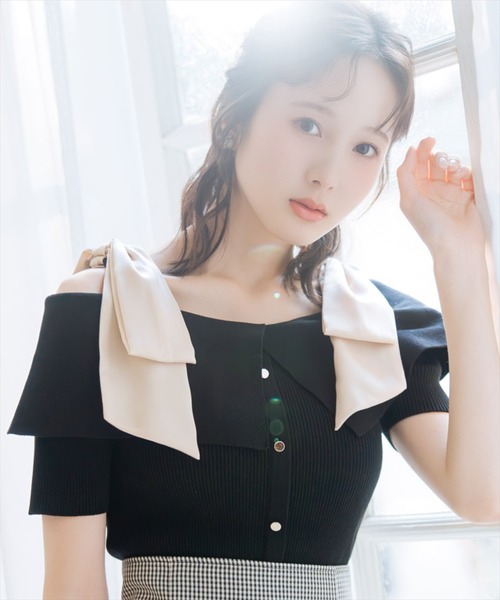 WILLSELECTION(ウィルセレクション)の「リボンオフショルハーフスリーブニット(ニット/セーター・レディース・オフホワイト/ピンク/ミント/ネイビー/ブラック・FREE)」の2枚目の写真