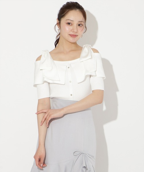 WILLSELECTION(ウィルセレクション)の「リボンオフショルハーフスリーブニット(ニット/セーター・レディース・オフホワイト/ピンク/ミント/ネイビー/ブラック・FREE)」の6枚目の写真