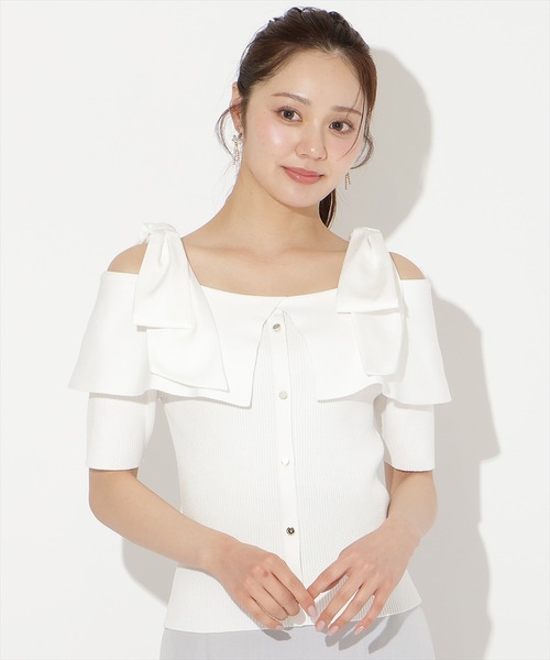 WILLSELECTION(ウィルセレクション)の「リボンオフショルハーフスリーブニット(ニット/セーター・レディース・オフホワイト/ピンク/ミント/ネイビー/ブラック・FREE)」の7枚目の写真