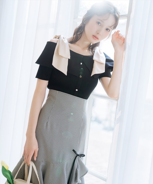 WILLSELECTION(ウィルセレクション)の「リボンオフショルハーフスリーブニット(ニット/セーター・レディース・オフホワイト/ピンク/ミント/ネイビー/ブラック・FREE)」の14枚目の写真