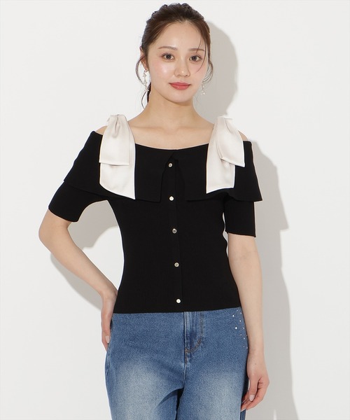 WILLSELECTION(ウィルセレクション)の「リボンオフショルハーフスリーブニット(ニット/セーター・レディース・オフホワイト/ピンク/ミント/ネイビー/ブラック・FREE)」の18枚目の写真