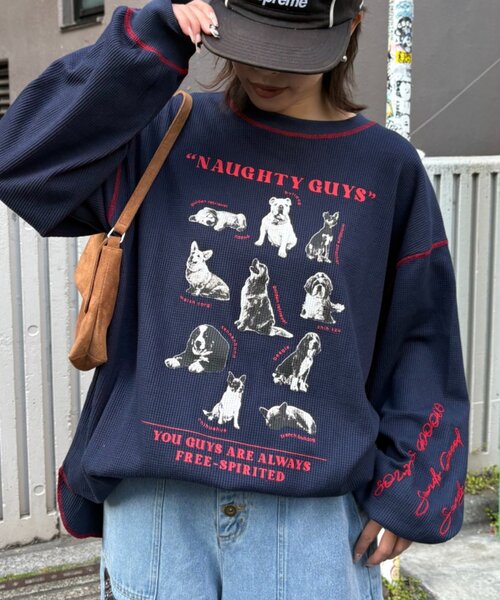 SOUNDSGOOOOD（サウンズグッド）の「【SOUNDS GOOOOD】DOG総柄刺繍プリントワッフルロンTEE（Tシャツ/カットソー・レディース・オフホワイト/ネイビー・ONE SIZE）」の2枚目の写真