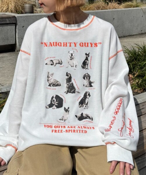SOUNDSGOOOOD（サウンズグッド）の「【SOUNDS GOOOOD】DOG総柄刺繍プリントワッフルロンTEE（Tシャツ/カットソー・レディース・オフホワイト/ネイビー・ONE SIZE）」の6枚目の写真