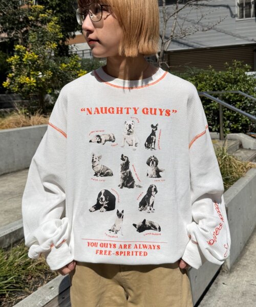 SOUNDSGOOOOD（サウンズグッド）の「【SOUNDS GOOOOD】DOG総柄刺繍プリントワッフルロンTEE（Tシャツ/カットソー・レディース・オフホワイト/ネイビー・ONE SIZE）」の7枚目の写真