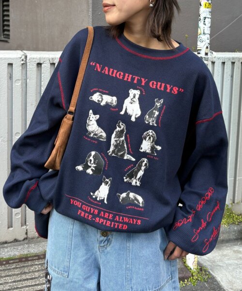 SOUNDSGOOOOD（サウンズグッド）の「【SOUNDS GOOOOD】DOG総柄刺繍プリントワッフルロンTEE（Tシャツ/カットソー・レディース・オフホワイト/ネイビー・ONE SIZE）」の14枚目の写真