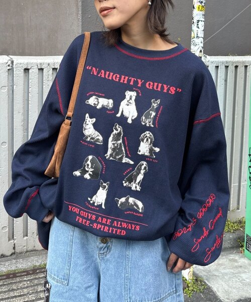SOUNDSGOOOOD（サウンズグッド）の「【SOUNDS GOOOOD】DOG総柄刺繍プリントワッフルロンTEE（Tシャツ/カットソー・レディース・オフホワイト/ネイビー・ONE SIZE）」の15枚目の写真