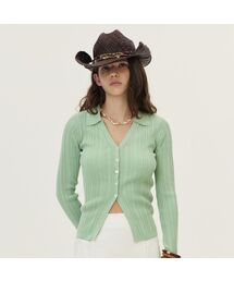 Ribbed Pleated Collared Cardigan, Mint