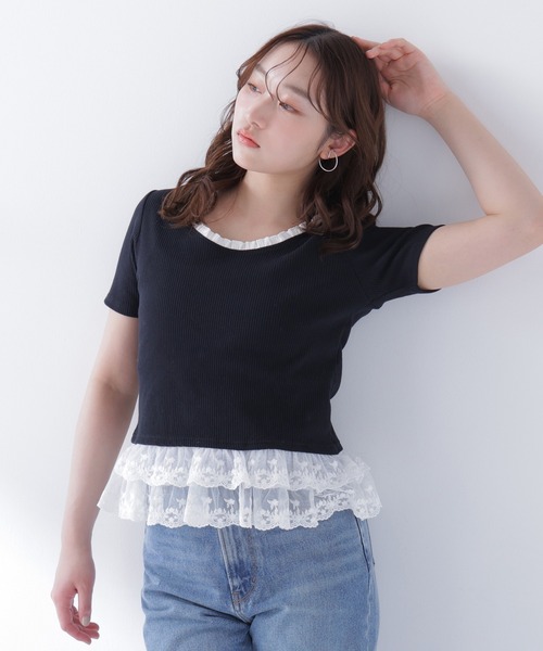 NATURAL BEAUTY BASIC（ナチュラルビューティーベーシック）の「レースドッキングフリルカットソー（Tシャツ/カットソー・レディース・グレー系その他/ブラック系その他2/オフホワイト・FREE）」の13枚目の写真