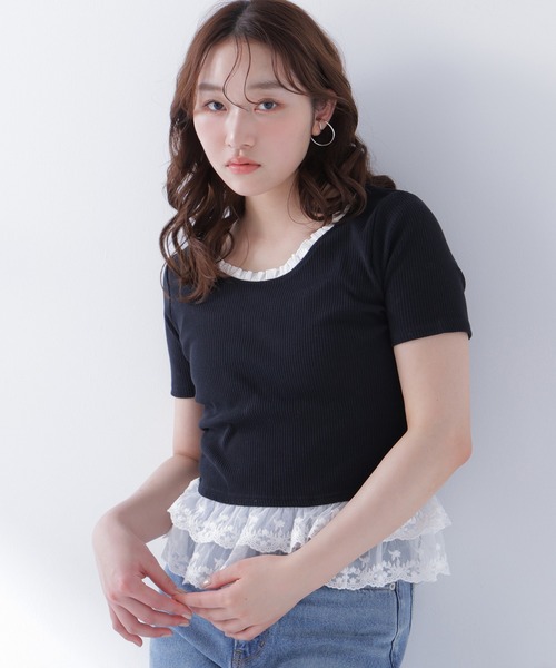 NATURAL BEAUTY BASIC（ナチュラルビューティーベーシック）の「レースドッキングフリルカットソー（Tシャツ/カットソー・レディース・グレー系その他/ブラック系その他2/オフホワイト・FREE）」の15枚目の写真