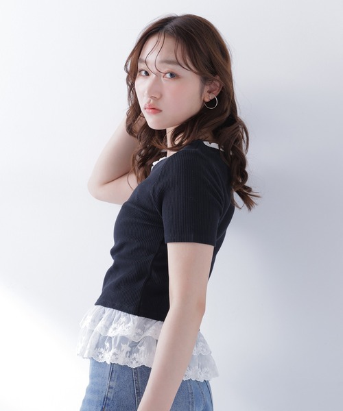 NATURAL BEAUTY BASIC（ナチュラルビューティーベーシック）の「レースドッキングフリルカットソー（Tシャツ/カットソー・レディース・グレー系その他/ブラック系その他2/オフホワイト・FREE）」の17枚目の写真